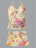 Women's Bohemian Floral V-Neck Print Suspender Skirt Tankini Pantskirt Set Swimsuit