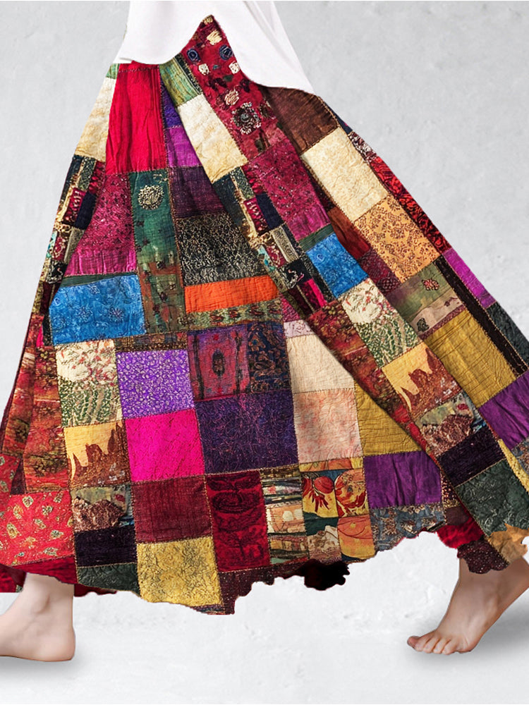 Vintage Boho Patchwork Linen Flowy Skirt artswardrobe