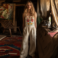 Vintage Floral Embroidered Pattern Art Linen Blend Loose Casual Jumpsuit artswardrobe