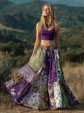 Boho Purple Patchwork Floral Pattern Women's Linen Half-length Skirt artswardrobe