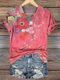 Women's Retro Flower Print V-neck Casual T-Shirt
