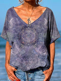 Vintage Print 100% Cotton V-neck T-shirt
