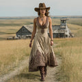 Women's Vintage Western Paisley Print V-neck Sleeveless Midi Dress artswardrobe