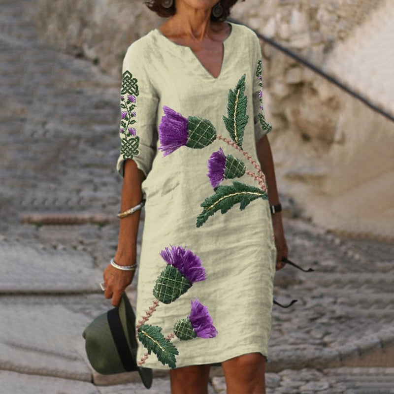 Scottish Thistle Embroidered V-neck Linen Blend Midi Dress artswardrobe