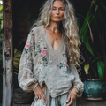 Comstylish Retro Bohemian Floral Linen Art Print Long Sleeve V-neck Shirt