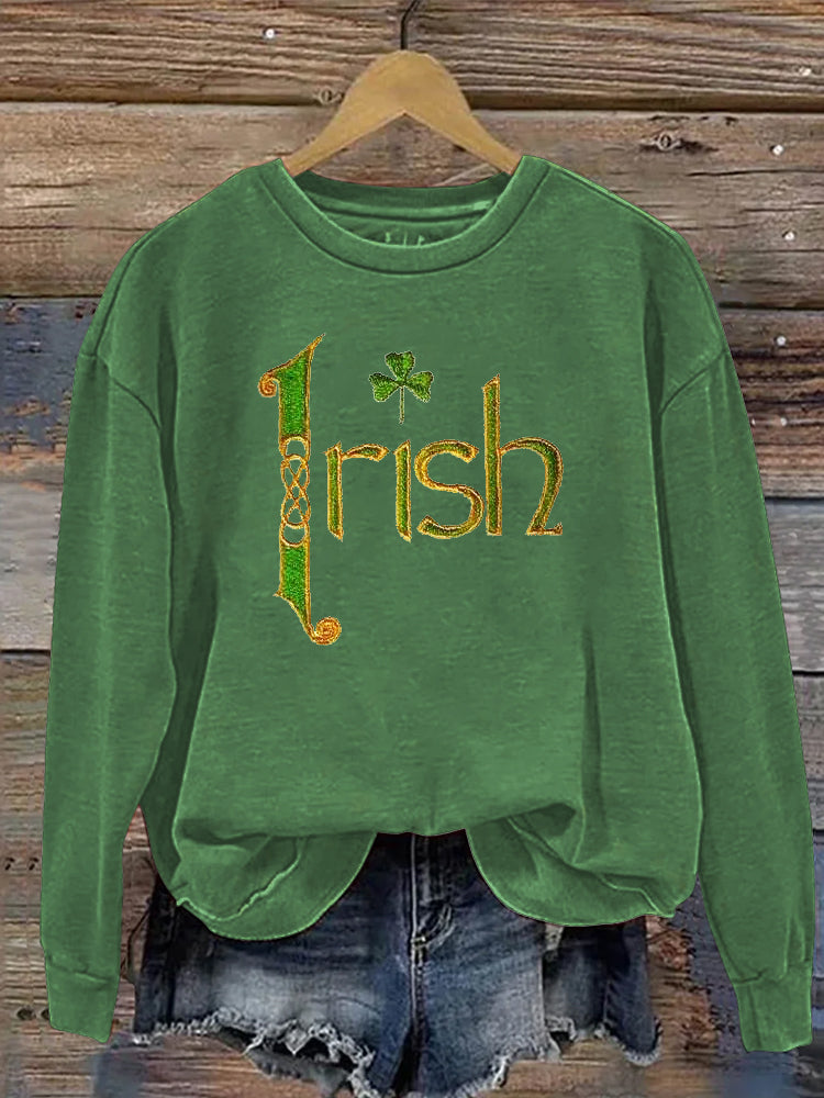 Comstylish Irish Shamrock Embroidered Crew Neck Sweatshirt