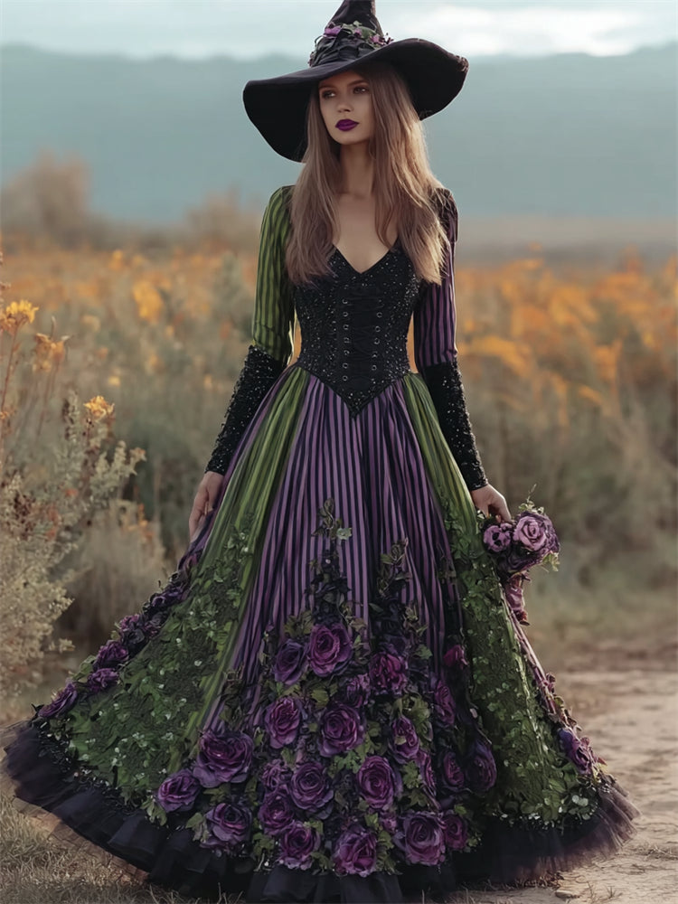 Comstylish Halloween Vintage Roses Lace Embroidered Witch Linen Maxi Dress