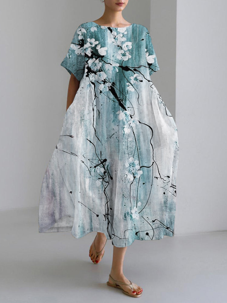 Comstylish Vintage Ink Flower Print Linen Maxi Dress