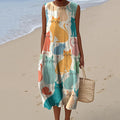 Women's Colorful Cat Art Print Linen Tank Midi Dress elevenforest