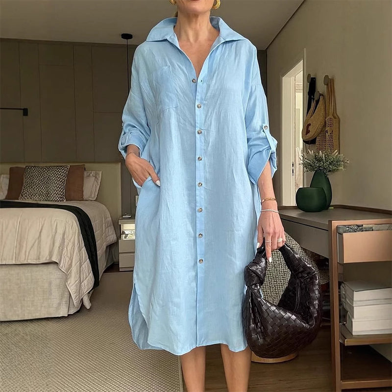 Casual Long Sleeve Linen Shirt Dress artswardrobe