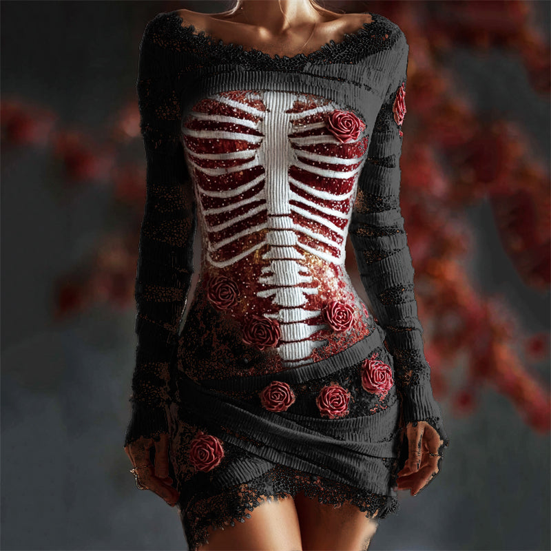 Comstylish Halloween Bloody Red Roses Rib Cage Lace Comfy Mini Dress