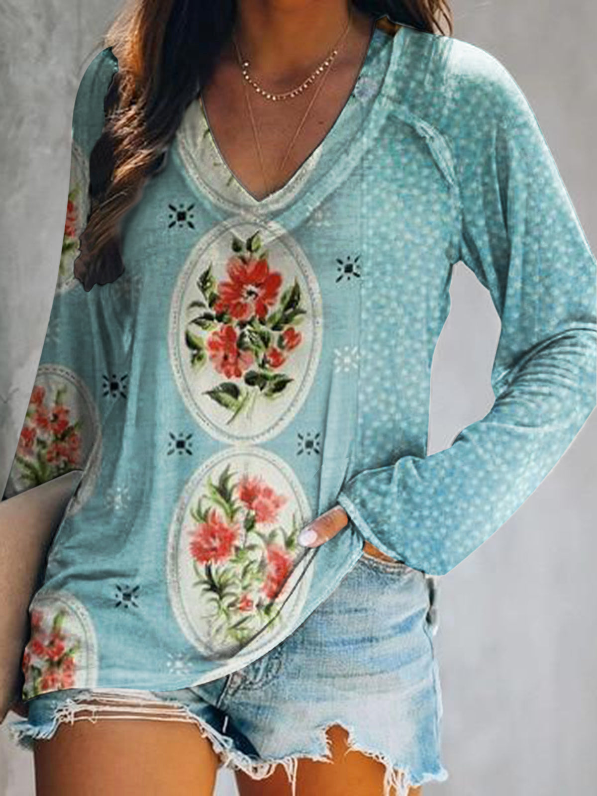 Women's Casual Vintage Floral Patchwork Art Print V Neck Long Sleeve T