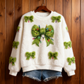 Comstylish Lady Christmas Retro Bow Tie Round Neck Flannel Sweatshirt