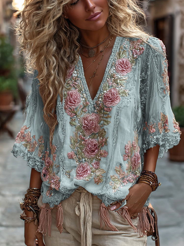 Women's Vintage Rose Embroidery Art Comfy Linen Shirts artswardrobe