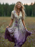 Women's Bohemian Floral Art Gradient Linen Maxi Dress artswardrobe