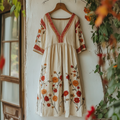 Women's Vintage Embroidered Flower V-neck Loose Linen Blend Midi Dress artswardrobe