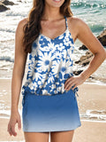 Vintage Blue Florals Art Print V-neck Suspender Two Piece Swimsuit Set