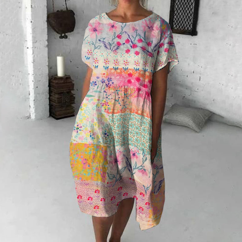 Retro Colorful Geometric Floral Art Flowy Midi Dress artswardrobe