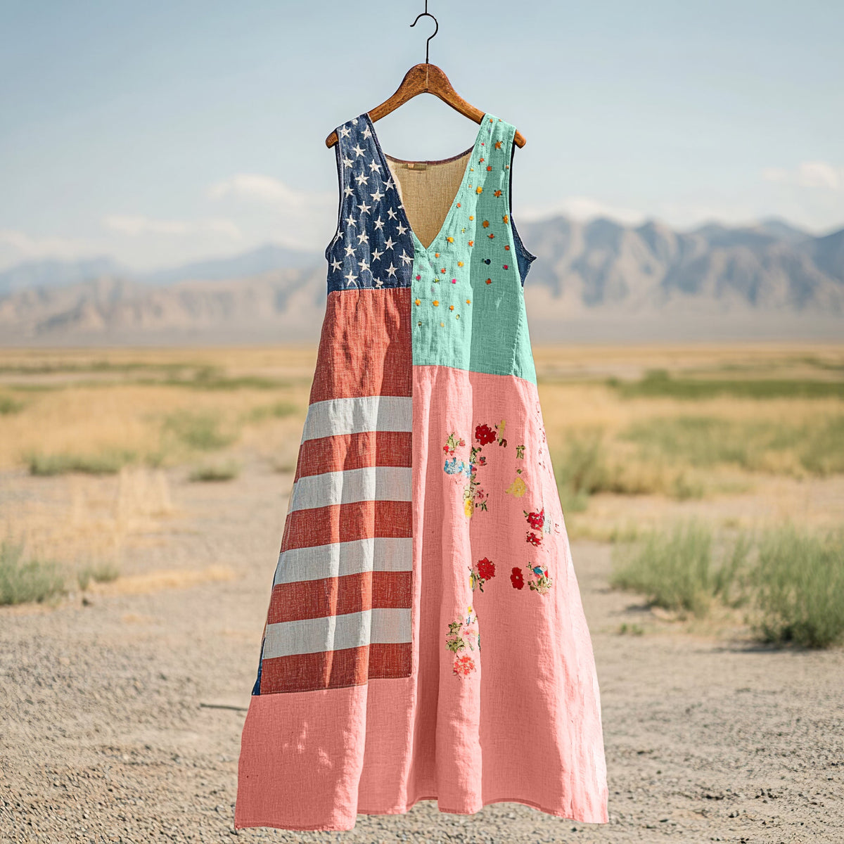 Women's Independence Day Flag Print Cotton And Linen Dress artswardrobe