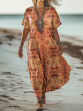 Women's Art Floral Hippie Vintage Print V Neck Dress