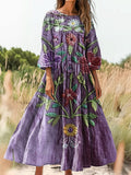 Women's Vintage Ethnic Floral Art Print Flowy Cotton Dress