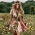 Women's Vintage Boho Rose Floral Art Patchwork Comfy Midi Dress artswardrobe