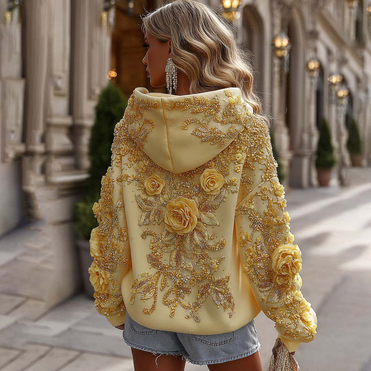 Comstylish Women's Classic Bohemian Yellow Floral And Gold Roses Embroidery Art Long Sleeve Hoodie