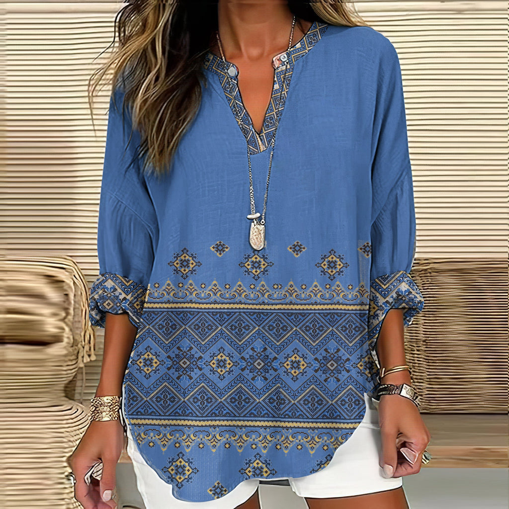 Comstylish Women's Ukraine Art V-neck Casual Linen Blend Blouse