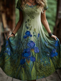 Oil Painting Inspired Irises Embroidered Flowy Linen Dress