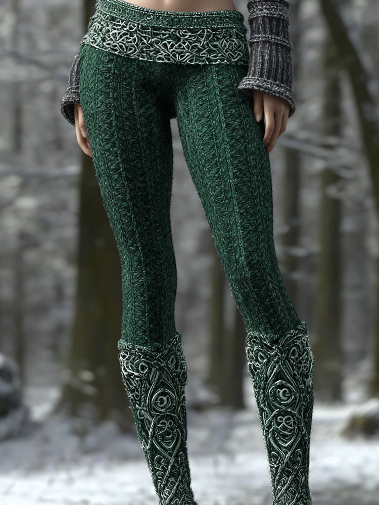 Vintage Viking Pattern Art Knit Cozy Leggings artswardrobe