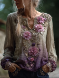 Comstylish Bohemian Style Round Neck Long Sleeve 3d Purple Flower Design Cotton And Linen Top For Women