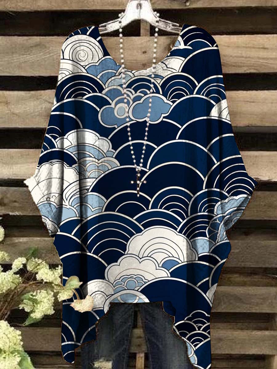 Women's Retro Japanese Style Abstract Wave Print Casual Top