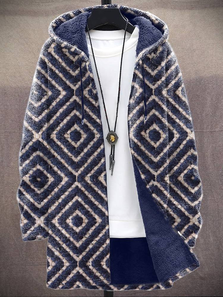 Men's Felt Geometric Pattern Vintage Hooded Cardigan artswardrobe