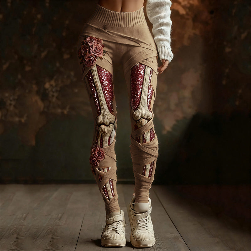 Comstylish Classy Roses Skeleton Anatomy Sequins Bandages Cozy Knit Leggings