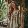 Retro Floral Tribal Embroidery Art  Linen Blend Loose Blouse artswardrobe