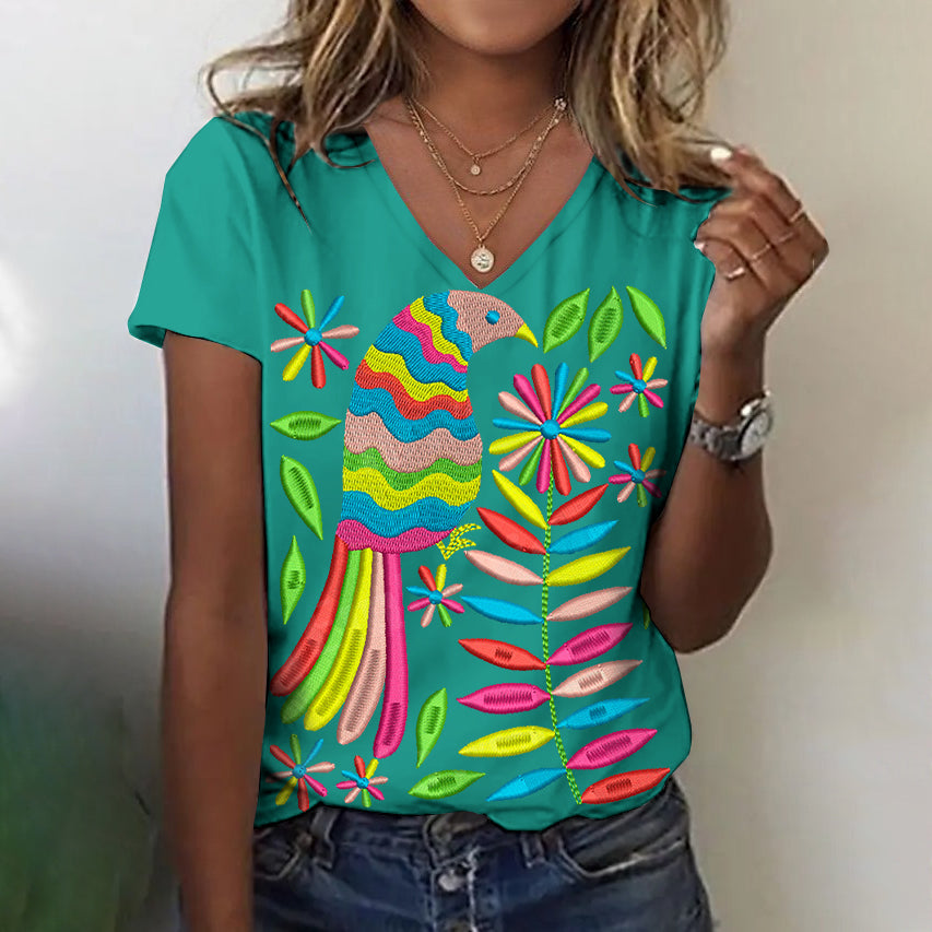 Women's Floral And Bird Art Pattern V-neck T-shirt artswardrobe