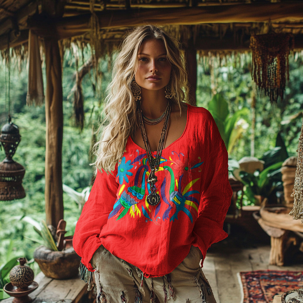 Women's Floral And Bird Art Print Cotton And Linen Shirt artswardrobe