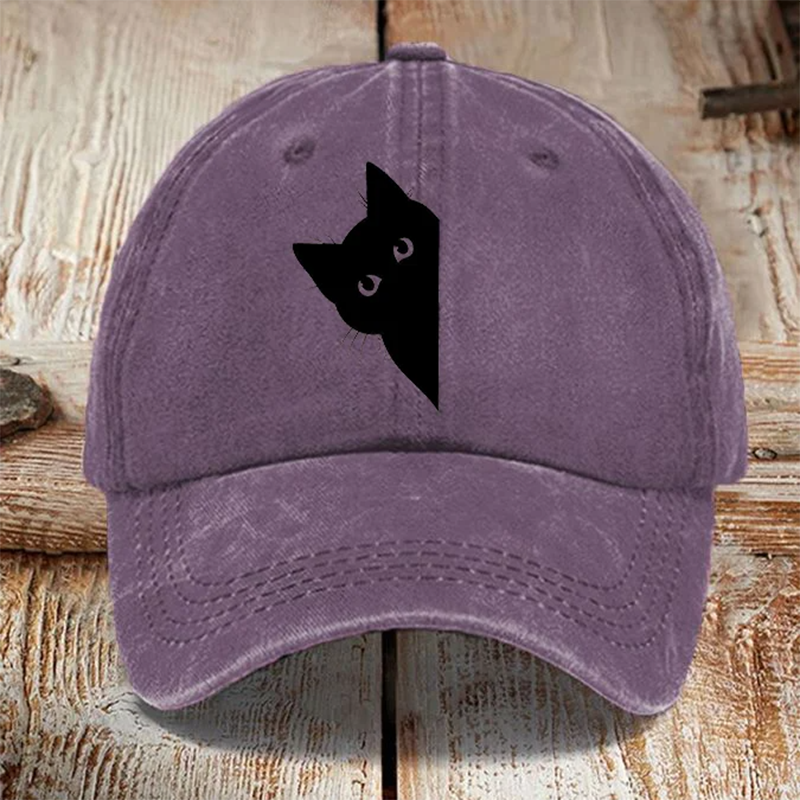 Comstylish Japanese Art Black Cat Print Washed Sun Hat