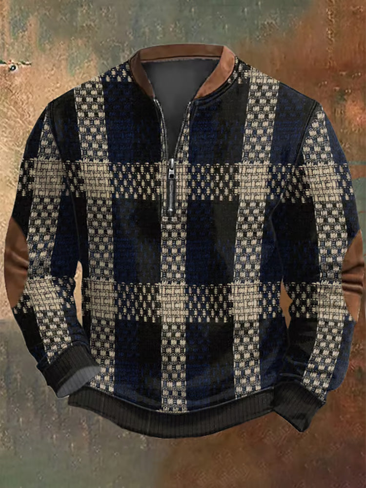 Men's Retro Western Textured Print Zip Collar Sweatshirt elevenforest