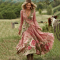 Women's Vintage Floral Art V Neck Linen Blend Comfy Maxi Dress artswardrobe