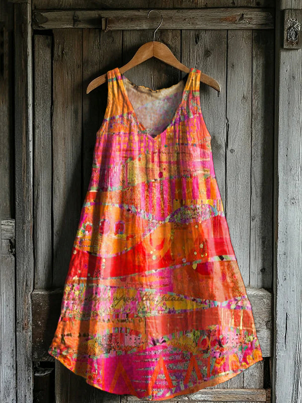 Women's Retro Ethnic Collage Art Print V-neck Pocket Cotton Dress