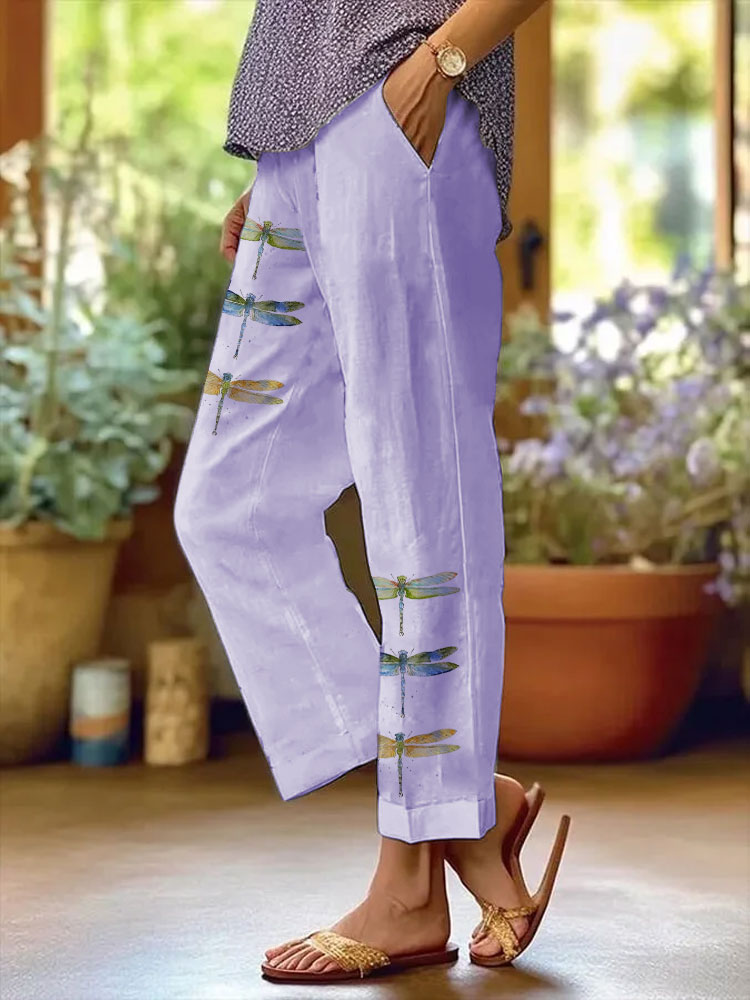 Comstylish Women's Watercolor Dragonfly Print Casual Pants