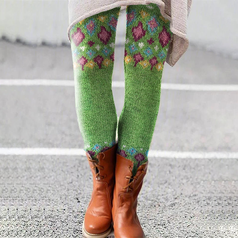 Contrast Diamond Knit Pattern Printed Leggings elevenforest