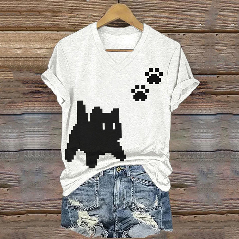 Lovely Black Cat Paw Prints Pixel Art T Shirt