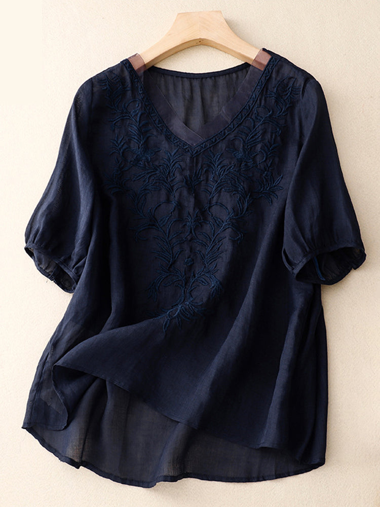 Comstylish Women's Embroidery Pattern Linen Blend Comfort Shirt