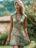 Vintage Elegant Plum Embroidery Women's Linen V Neck Vest Mini Dress artswardrobe