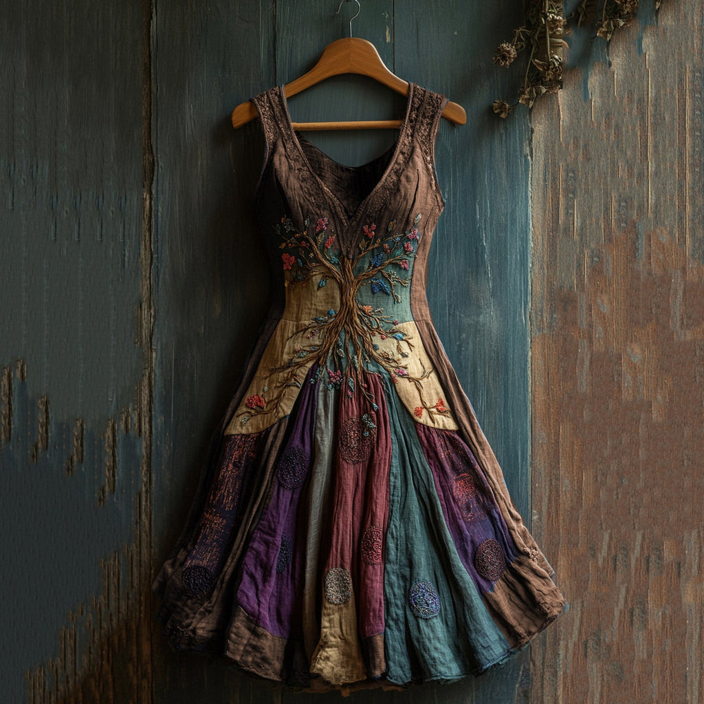 Women's Viking Celtic Knot Art Tree Of Life Patchwork Linen Midi Dress artswardrobe