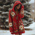 Comstylish Elegant Christmas Poinsettia Glitter Cozy Hooded Cardigan