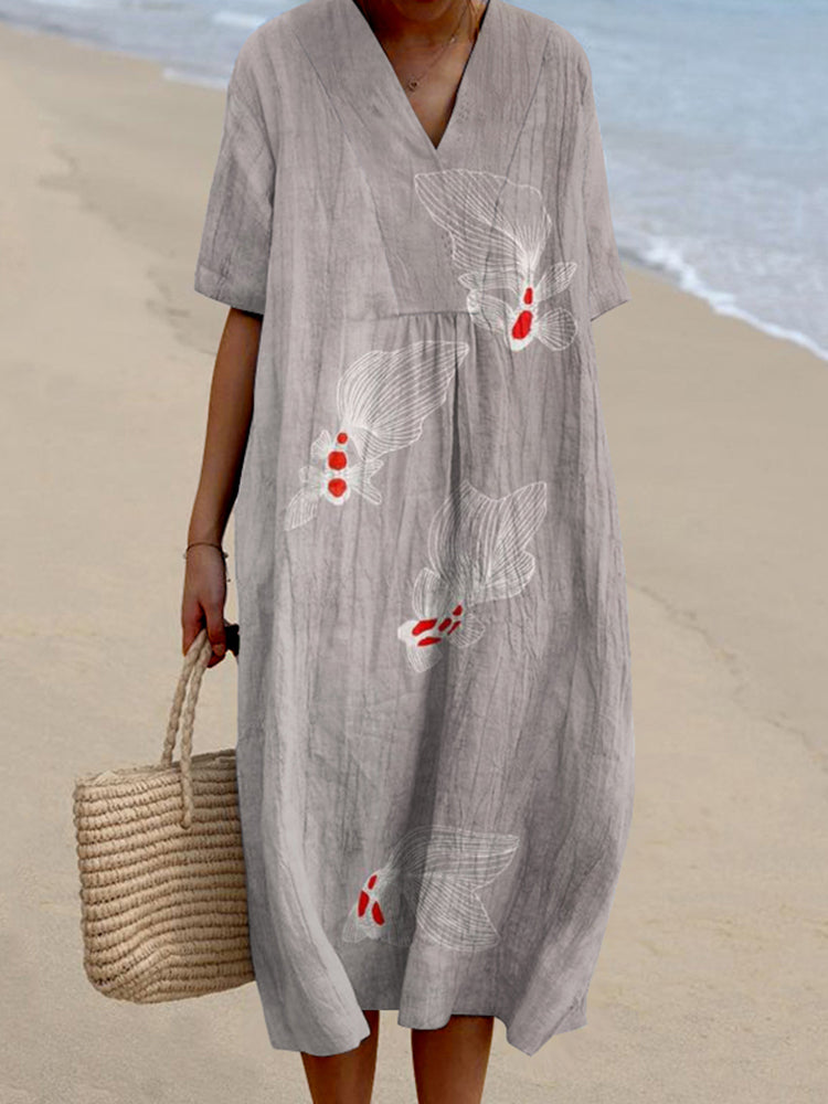 Vintage Gold Fish Art Casual V Neck Midi Dress