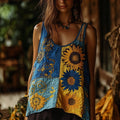 Boho Ethnic Sunflowers Patchwork Linen Sleeveless Tank Top artswardrobe